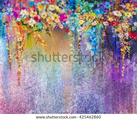 Abstract floral watercolor painting. Hand painted White, Yellow and Red flowers in soft color. Blue, green, purple color background. Ivy flowers in tree park. Spring flower seasonal nature background