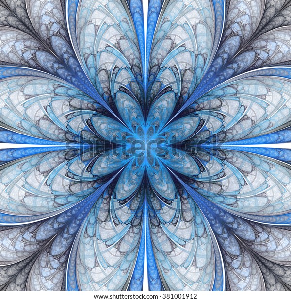 Abstract flower mandala on white background. Symmetrical pattern in bright light blue and dark grey colors.. Fantasy fractal design for postcards, wallpapers mural.