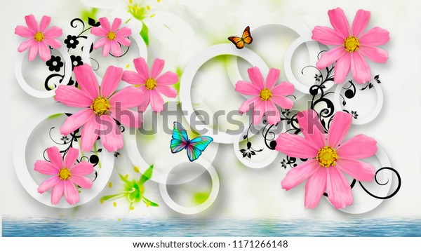 Abstract Flowers with circles on a white background with butterflies. Wallpaper for room. 3D rendering.