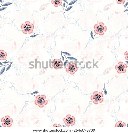 Abstract flowers and leaf design with splash texture seamless pattern. 