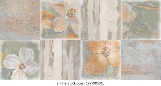 Abstract Flowers on the box wall background, seamless grunge digital wall tiles design for interior and exterior home decor, wallpaper, background - illustration.