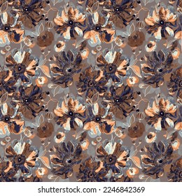 Abstract flowers seamless pattern. Shiny blue, beige, gold, grey colours background. Exotic botanical texture, print. Drawn floral illustration.