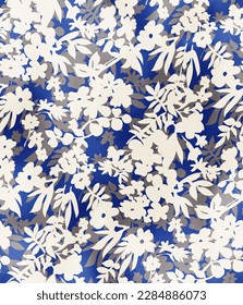 Стоковая иллюстрация: Abstract Flowers Silhouette Watercolor Effect Tiny Ditsy Florals Branches Trendy Fashion Design Seamless Pattern Chic Colors Royal Blue Gray Tones