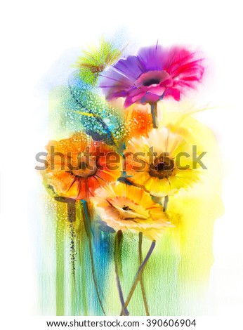 Abstract flowers watercolor painting. Hand paint still life of Yellow, Pink and Red color daisy- gerbera floral in soft color on white yellow, green color background. Spring flower nature background