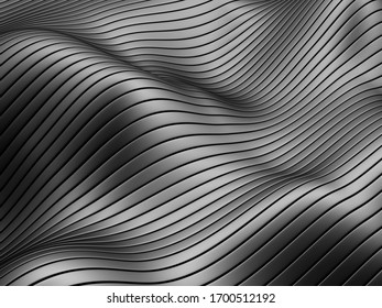 Abstract Flowing Lines And Stripes On Wavy Surface In Black Color. 3d Illustration.