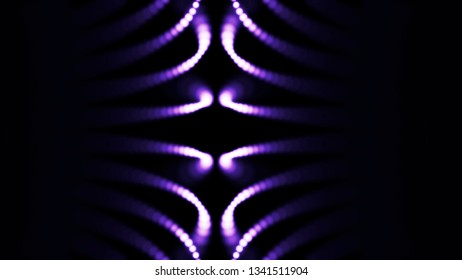 Abstract Flowing Of Purple Lights, Small Dots In Rows Move, Turn, And Change Trajectory. Shining Small, Digial Circles Flying On Black Background.