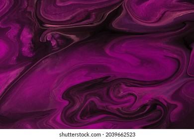 Abstract Fluid Art Background Dark Purple And Black Colors. Liquid Marble. Acrylic Painting On Canvas With Wine Gradient. Alcohol Ink Backdrop With Wavy Pattern.