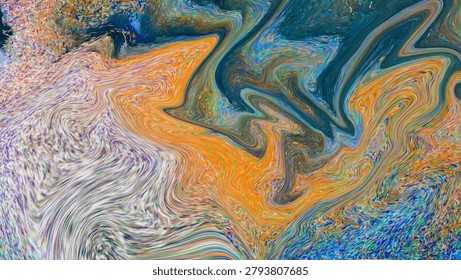 Abstract fluid art background with dynamic liquid marble texture featuring vibrant orange, deep blue, and iridescent multicolored swirls.
