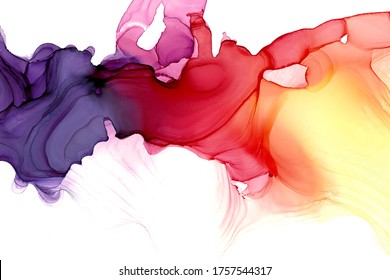 Abstract Fluid Art Painting Background In Alcohol Ink Technique, Mixture Of Pink, Purple And Yellow Paints. Transparent Overlayers Of Ink Create Lines And Gradients. Burst Of Creativity.