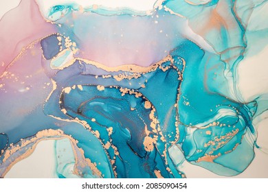 Abstract fluid art painting background in alcohol ink technique  mixture magenta  purple   blue paints  Transparent overlayers ink create glowing golden veins   gradients 