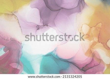 Abstract fluid art painting background in alcohol ink technique, mixture of magenta, purple and blue paints. Transparent overlayers of ink create glowing golden veins and gradients.