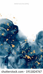 Abstract Fluid Art Painting Blue And Gold By Alcohol Ink Or Watercolor With White Space. For Decoration, Banner, Background In Luxury Style.