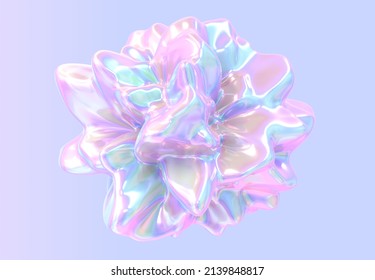 Abstract Fluid Holographic Shape, Chromatic Liquid With Gradient Iridescent Texture, Flowing Composition In Form Flower Or Colorful Explosion, Glossy Sculpture Isolated On Purple Background, 3d Render