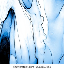 Abstract Fluid Pattern. Blue Powder Mix Explosion. Black Abstract Paint Swirl. Alcohol Ink Color. Ceramics Wall Tiles Plain. Silver Paint Strokes Colors.