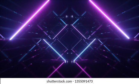Abstract flying in futuristic corridor background, fluorescent ultraviolet light, mirror lines laser neon lines, geometric endless tunnel, 3d illustration, blue pink spectrum
