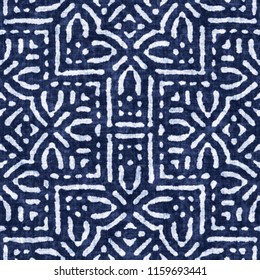 Abstract Folk Ornament In White And Indigo Shades. Seamless Pattern.