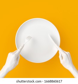 Abstract Food Restaurant Concept Banner. Isolated White Empty Plate, Hands Holding Fork And Knife, Top View 3d Rendering.