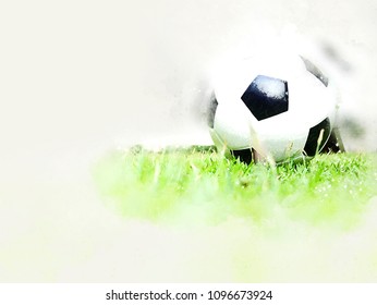 Abstract Football ball on green grass watercolor painting background.