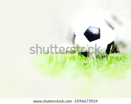 Abstract Football ball on green grass watercolor painting background.