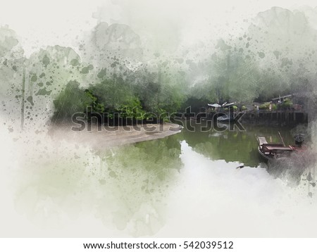 Abstract forest and river on watercolor paint background.