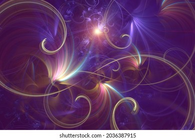 Abstract fractal art background of curls and swirls, like decorative flourishes. Gold and purple.