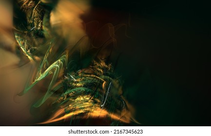 Abstract Fractal Art In Green, Gold And Black, Which Perhaps Suggests Fireworks, Smoke Or Long Exposure Light Trails. With Copy Space.