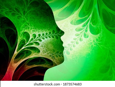 Abstract Fractal Background With Human Profile. Respiratory Tract, Smelling, Aromatherapy And Psychotherapy Concept. State Of Trance And Deep Meditation, Spiritual Journey. 