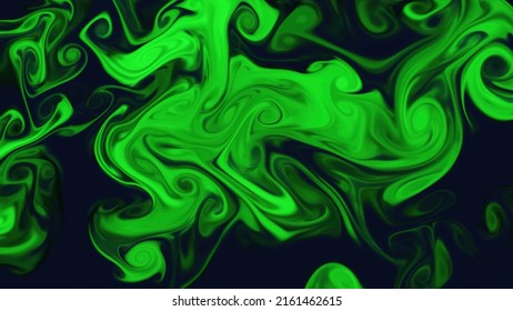 Abstract Fractal Background With Smooth Flowing Swirls And Waves Of Liquid Ink Painting, Smoke, Or Silk Fabric. Vibrant Green On Black Backdrop Expressive Digital Art Illustration From My Rendering.