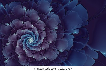 Abstract Fractal, Blue-violet Spiral Flower On Black Background, Usable For Desktop Wallpaper Or For Creative Cover Design.