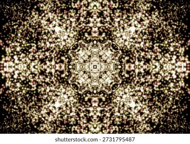 An abstract fractal pattern featuring glowing white, yellow, and pink dots arranged in a radial starburst shape against a dark background. Kaleidoscopic symmetry and luminescent effect evoke cosmic energy and celestial aesthetics, ideal for digital art, meditation visuals, and algorithmic design. The shimmering texture of the background aligns with themes of the universe, stars, cosmos, and stardust.
