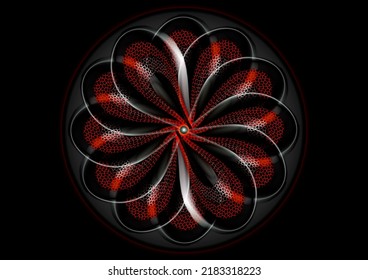 Abstract Fractal Pattern In The Form Of A Flower Of Petals With A Red Mesh Texture On A Black And White Gradient Background, Radiating From The Center On A Radial Red-black Background
