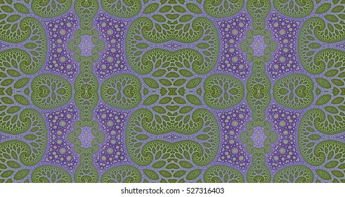 Abstract fractal seamless pattern background ideal for carpets, tapestries, fabric and wallpapers with a detailed abstract interconnected organic looking floral pattern in green,blue - violet