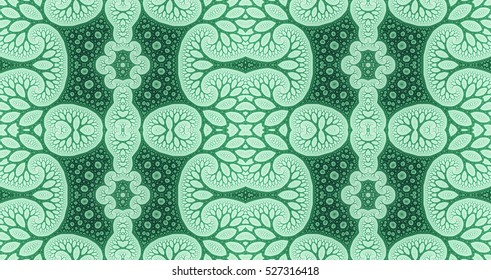 Abstract fractal seamless pattern background ideal for carpets, tapestries, fabric and wallpapers with a detailed abstract interconnected organic looking floral pattern in green-cyan