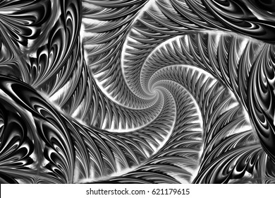 Abstract fractal spiral. Fantasy design in black and white  colors. Digital art. 3D rendering.