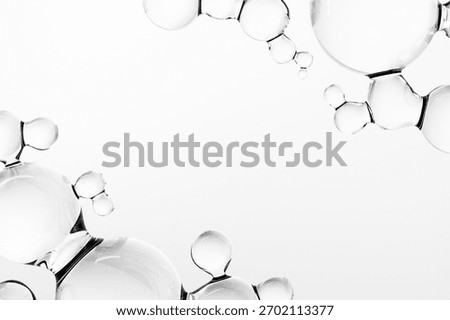 Abstract frame, 3D background with transparent molecule, liquid water drops. Beauty and cosmetic composition symbolizing purity, freshness, science, and molecular structure.