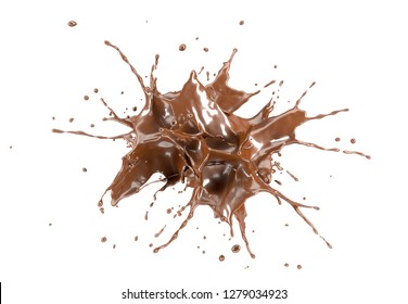 Abstract free liquid chocolate or paint burst explosion splash in the air. Isolated on white background. 