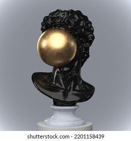 Abstract Funny Illustration From 3D Rendering Of A Classical Black Marble Male Bust Sculpture With A Shiny Golden Ball On His Face And Isolated On Grey Background.