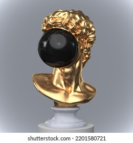 Abstract Funny Illustration From 3D Rendering Of A Classical Gilded Male Bust Sculpture With A Black Shiny Marble Ball On His Face And Isolated On Grey Background.