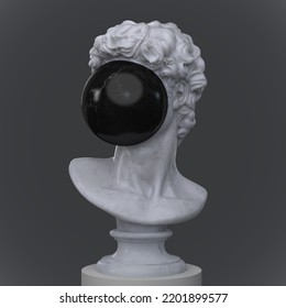 Abstract Funny Illustration From 3D Rendering Of A Classical White Marble Male Bust Sculpture With A Black Marble Ball On His Face And Isolated On Dark Background.