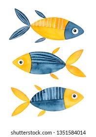 Abstract Funny Multicolored Watercolour Fishes With Big Funny Eyes. Dark Blue And Bright Yellow Colors. Handdrawn Water Color Graphic On White, Cut Out Clip Art Elements For Print And Creative Design.