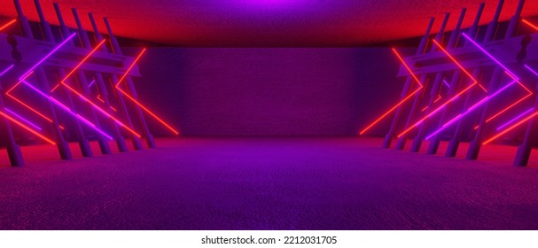 Abstract Future Sci Fi Dark Empty Interior Metal Mesh Corridor Minimal Red Banner Background Wallpaper 3D Illustration