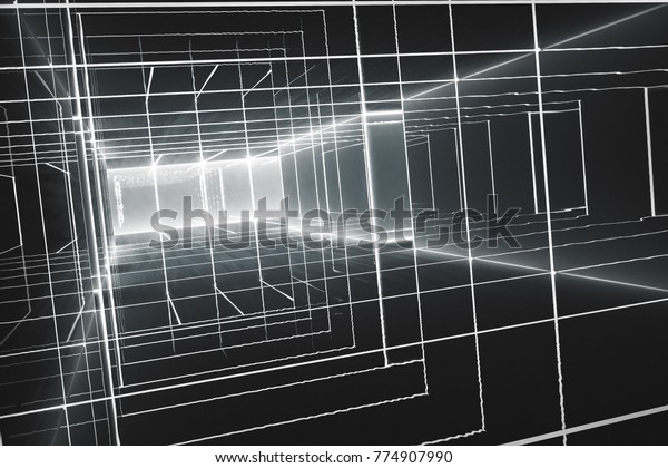 Abstract Futuristic Black White Corridor Interior Stock