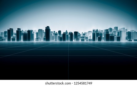 Abstract Futuristic City Scape With Neon Glowing Light White Color On Blue. Hi-Tech Dark Building Background Concept With Line. 3D Rendering Illustration