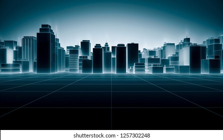 Abstract Futuristic City Scape With Neon Glowing Light White Color On Blue. Hi-Tech Dark Building Background Concept With Line. 3D Rendering Illustration