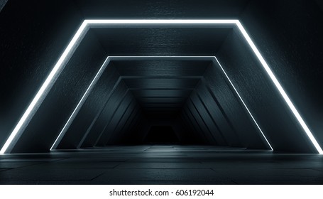 Abstract Futuristic Dark Corridor Interior Design. Future Concept. 3D Rendering