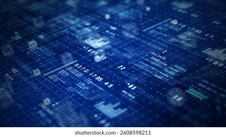 Abstract futuristic digital grid with data visualization, analytics, and blockchain elements, representing big data, artificial intelligence, Technology abstract background 3d Rendering