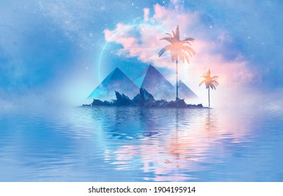 Abstract Futuristic Fantasy Sea Landscape With Egyptian Pyramids. Island With Palm Trees On The Beach. Sunlight, Daytime View. Reflection In Water, Clouds. 3D Illustration. 