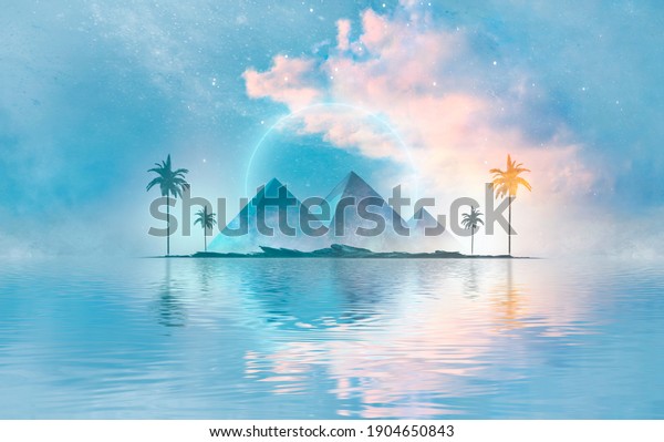 Abstract futuristic fantasy sea landscape with Egyptian pyramids. Island with palm trees on the beach. Sunlight, daytime view. Reflection in water, clouds. 3D illustration. 