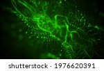 Abstract Futuristic Green Glittering Wave Particle Fluid Visual Concept With Depth Of Field Background