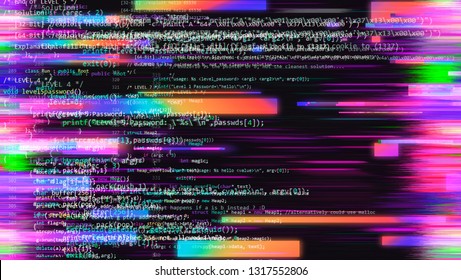 Abstract futuristic image of cpp file syntax highlighted. Random stripes of exploit malware code, sci-fi technology background. Synthwave/ retrowave/ vaporwave neon aesthetics.